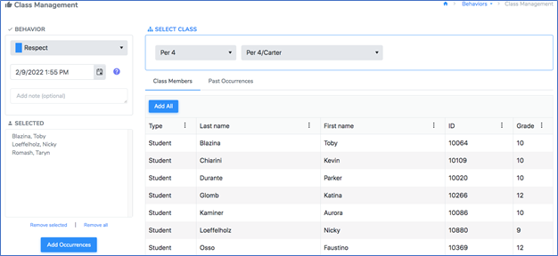 Adding Students from Class Management Page